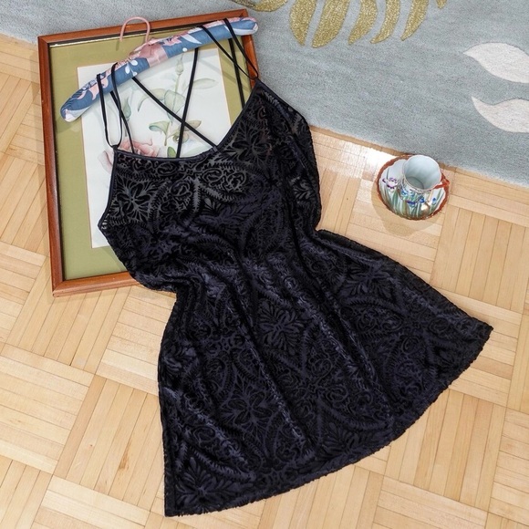 Vintage tuxedo black velvet jacquard print sheer slip dress - Picture 1 of 5